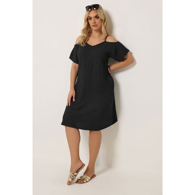Yours Zwarte Jurk Met Textuur En Open Schouders Size 54-56