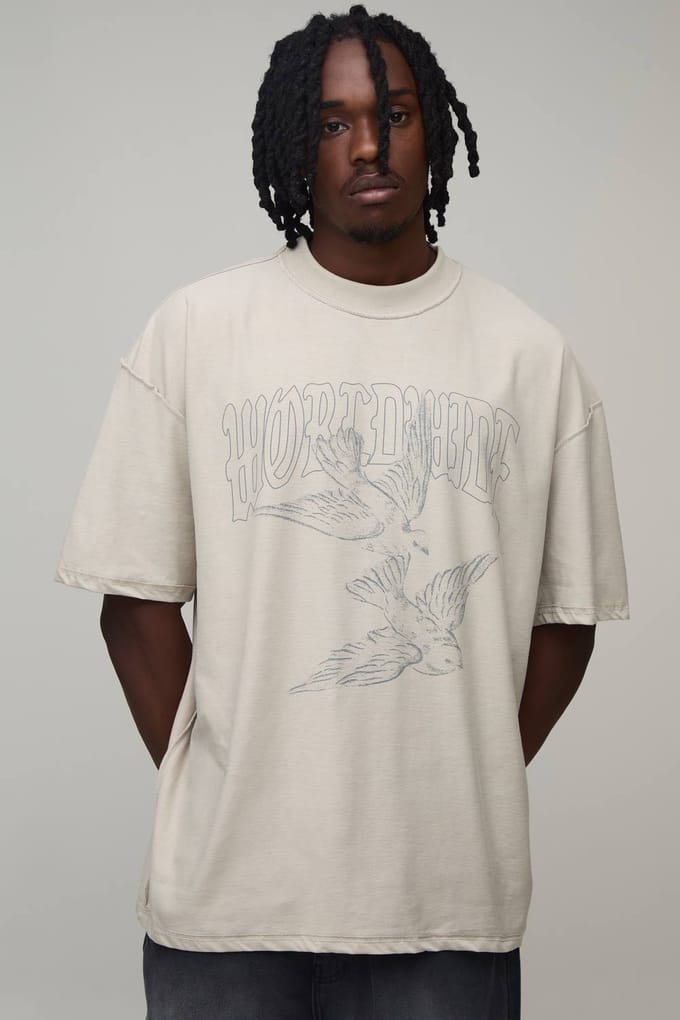 Lang Oversized T-shirt Met Duivenprint En Zichtbare Naden | Stone | Size Small