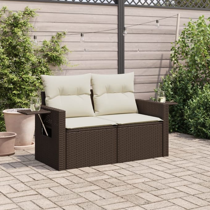 vidaXL - Tuinbank - 2-zits - met - kussens - poly - rattan - bruin