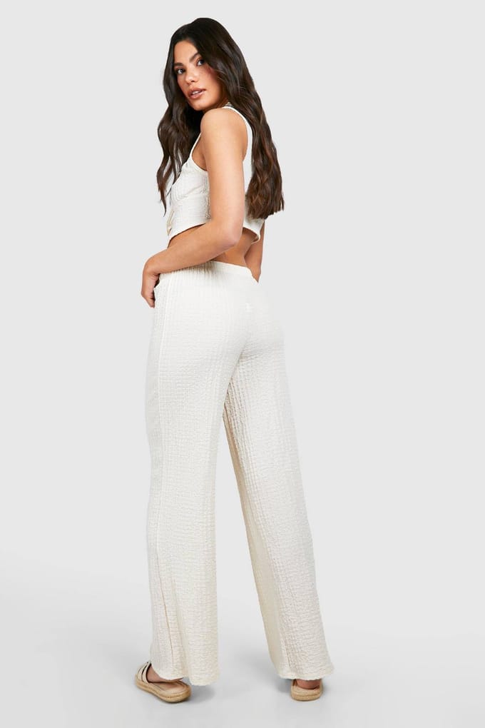 boohoo Dames Textured Crinkle Tie Front Top & Wijde Pijp Broek | Ecru | Maat: 8