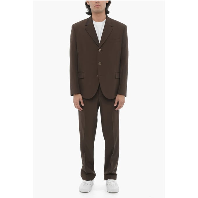 Zijsplitten, reverskraag, slim fit, drieknoops pak in bruin
