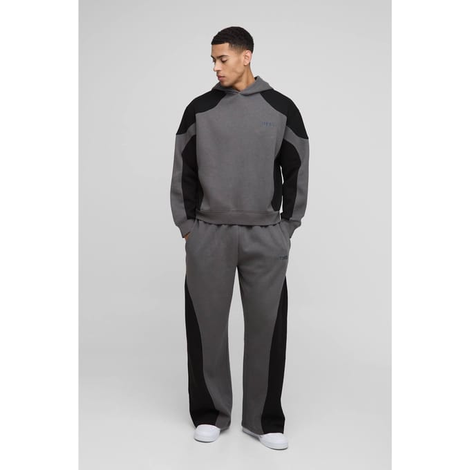 Oversized Boxy Men's Met Naaddetail Capuchon Trainingspak | Black | Size Small