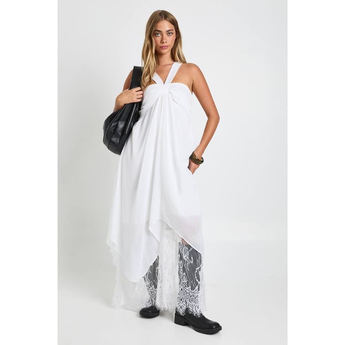 boohoo Dames Chiffon Kant Mix Halterneck Maxi Jurk | Ivoor | Maat: 36