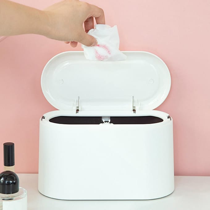 Mini Prullenbak met Deksel Kleine Bureau Aanrecht Afvalbak Pop-up Tiny Afvalbakje voor Badkamer wit
