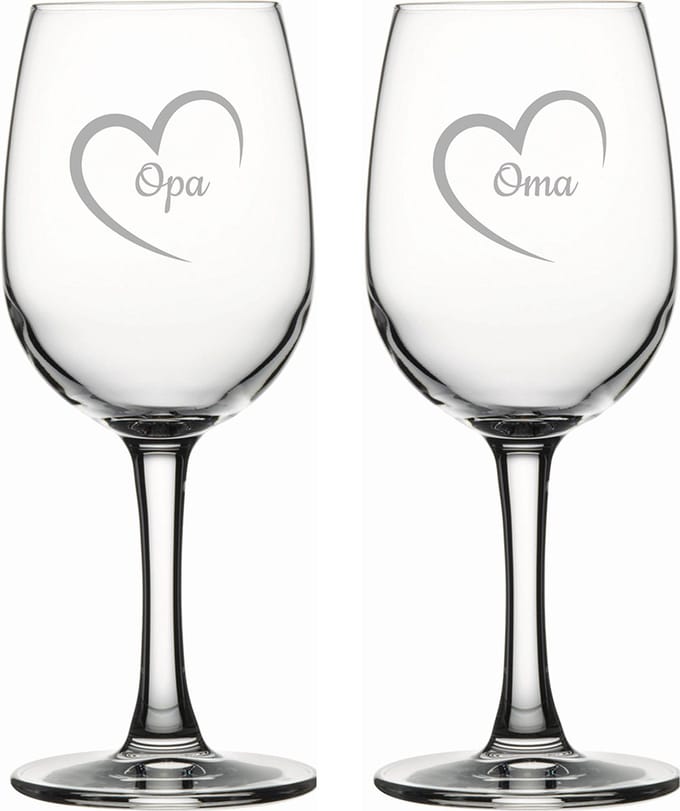 Gegraveerde witte wijnglas 26cl Opa met hartje & Oma met hartje