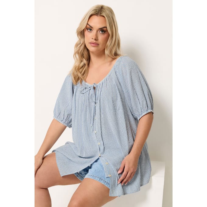 Yours Blauw Gestreepte Blouse Met Pofmouwen Size 42