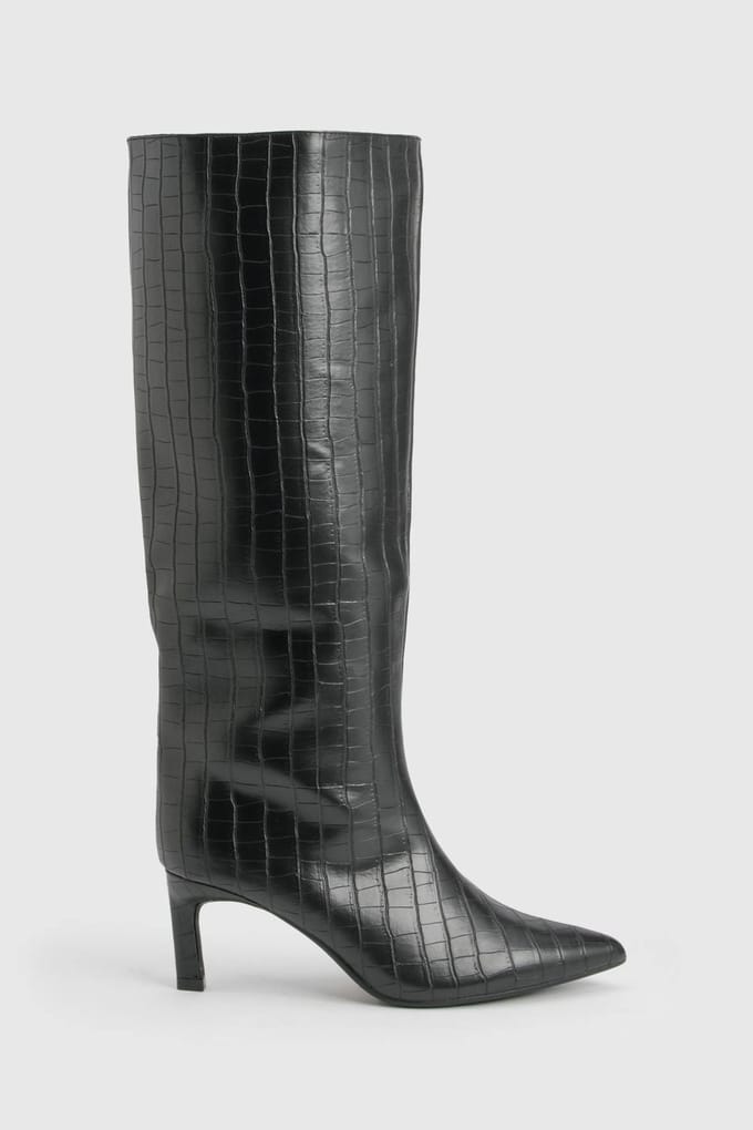 boohoo Dames Croc Column Spitse Kniehoge Hakkenlaarzen | Black | Maat: 4