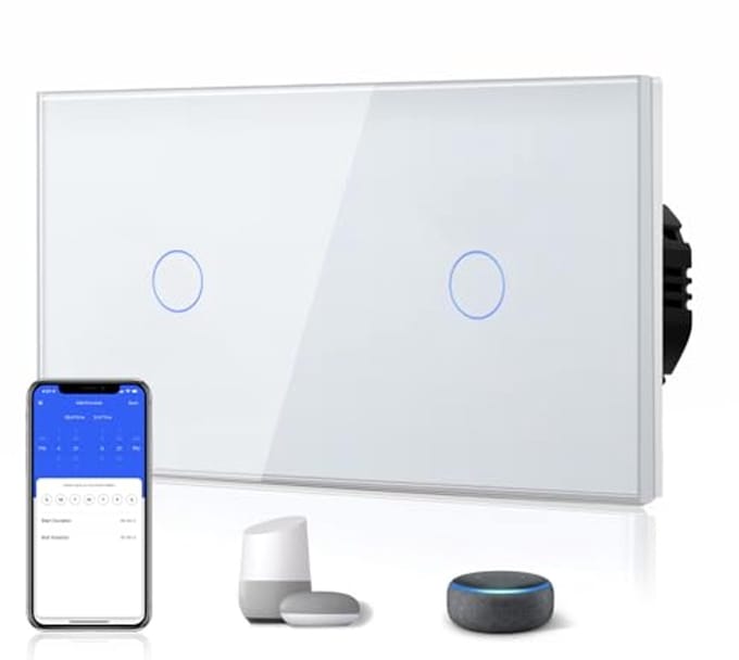 Slimme dubbele wifi-schakelaar met glazen paneel, compatibel met Alexa en Tuya