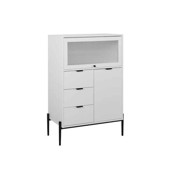 Buffet - MUVOE - 85 x 40 x 120 cm - 3 tiroirs - 2 portes (1 vitrée) - Blanc, panneaux de particules
