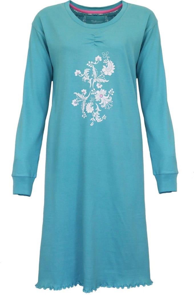 Tenderness Dames Nachthemd - Lange Mouwen - Aqua Groen - Maat S