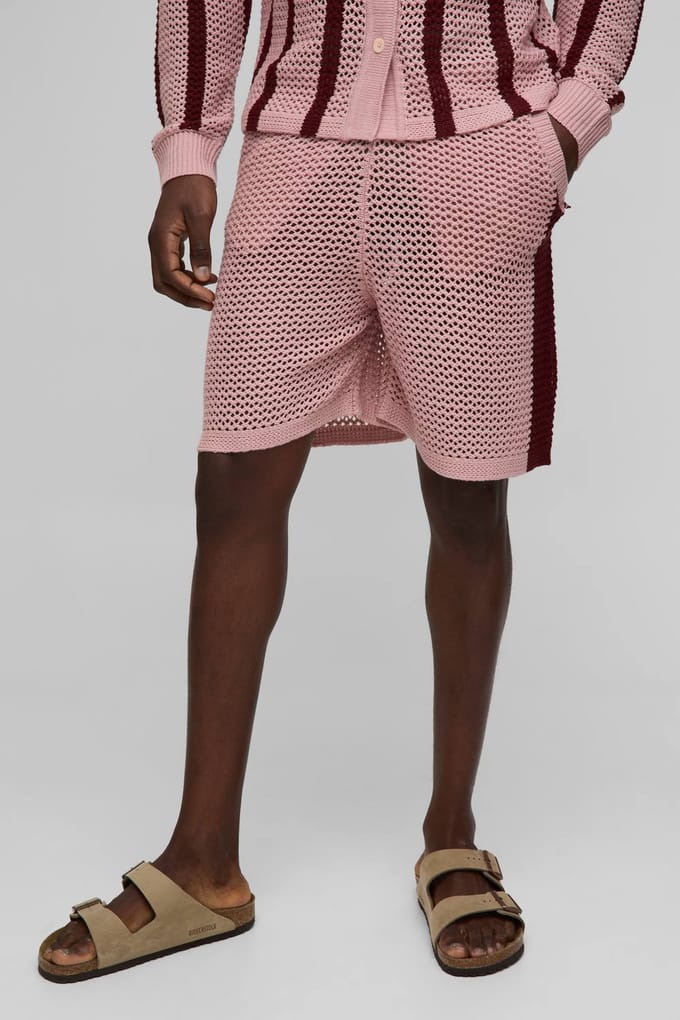 Relaxed Fit Side Stripe Open Stitch Knitted Shorts | Burgundy | Size Small
