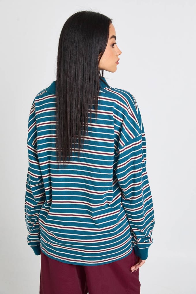 boohoo Dames Gestreepte Zware Katoen Rugby Top met Kraag | Teal | Maat: 6