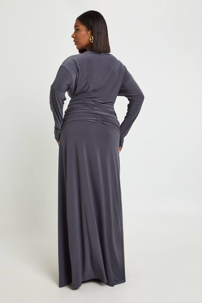 boohoo Dames Plus Maxi Rok Met Gerimpelde Voorkant | Slate Grey | Maat: 20