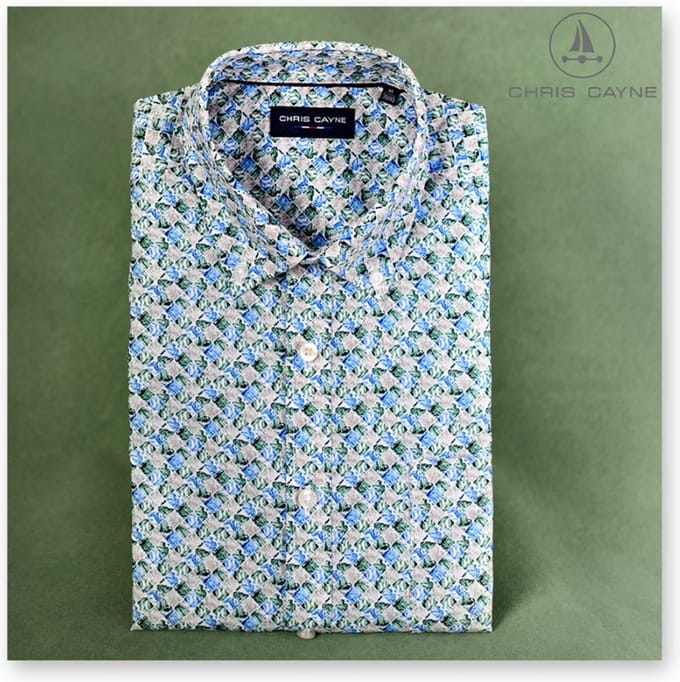 Chris Cayne heren overhemd - XXL - groen/blauw - print - korte mouwen - button down - borstzak