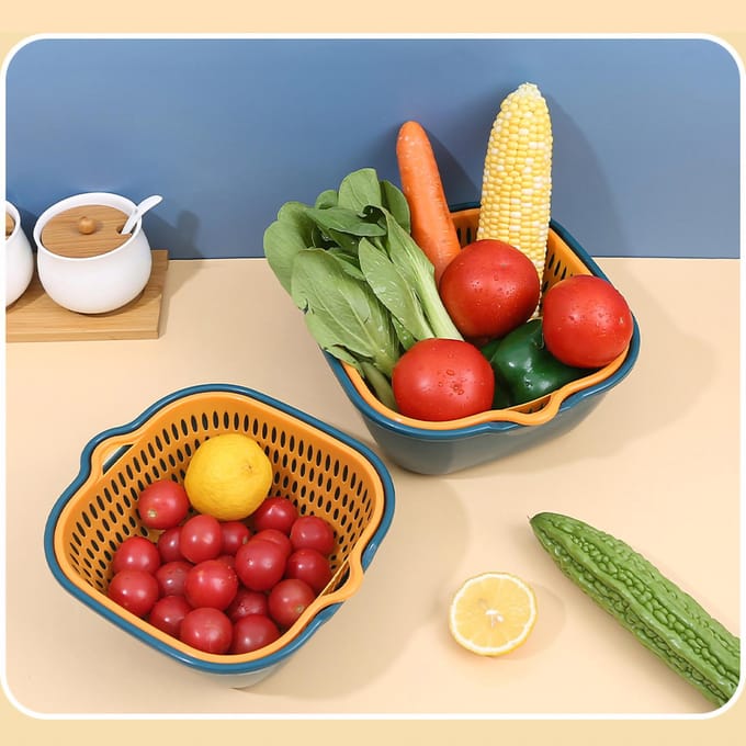 Groente Wasmand Dubbele Laag Snel Afvoeren Ophangbaar Multifunctioneel Fruitzeef met Zijkant L blauw/geel