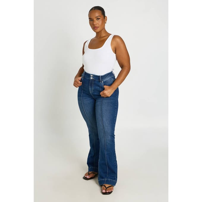 boohoo Dames Plus Mid Waist Flared Jeans Met Naaddetail | Vintage Was | Maat: 44