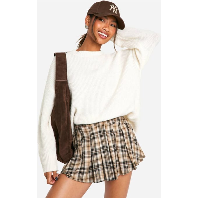 boohoo Dames Check Pleat Mini Skirt | Sand | Maat: 12