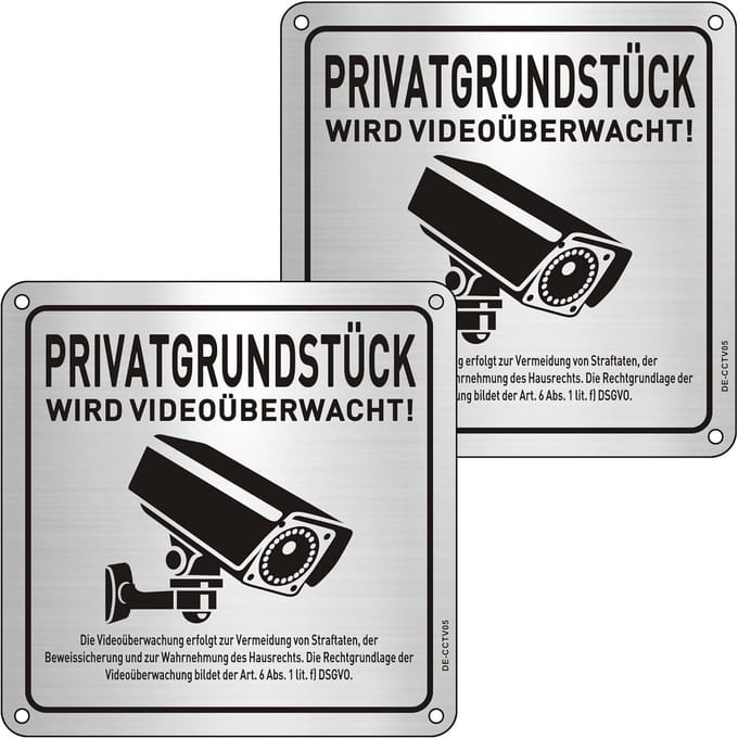 Videobewaking borden met DSGVO-notitie - 15x15 cm zelfklevend metaal - 2 stuks