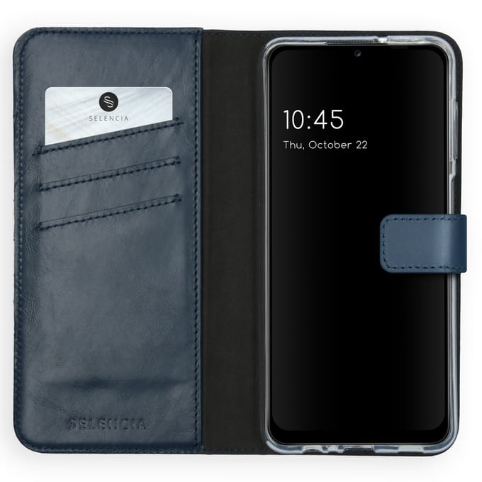 Selencia Hoesje - Geschikt voor Samsung Galaxy A12 - Echt Lederen Bookcase - Blauw