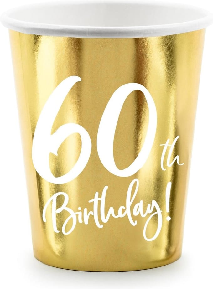 Feestbekers 60th Birthday Goud - 6 Stuks