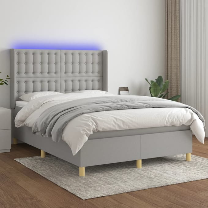 vidaXL - Boxspring - met - matras - en - LED - stof - lichtgrijs - 140x190 - cm