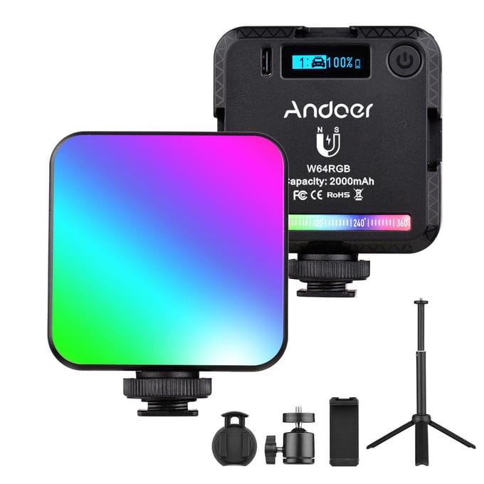 Andoer W64RGB Zak RGB LED Videolamp Kit Videoconferentie Verlichting CRI95+ 2500K-9000K Dimbare zwart