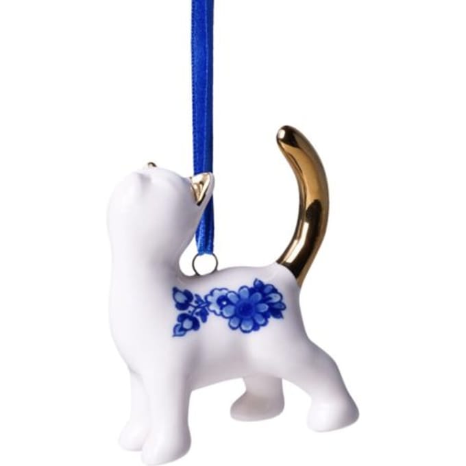 Heinen delfts blauw kerstornament - kat bedelen, 5 cm