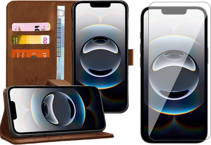 Hoesje geschikt voor iPhone 16e - Screenprotector Glas - Portemonnee Book Case Bruin