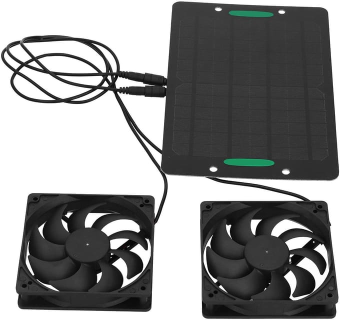 Allecto - Zonnepaneel Ventilatorkit - Draagbare Buitenventilator - Waterdicht - Dubbele Ventilator - Energiebesparend - Geschikt voor Kippenhokken ...
