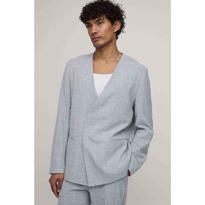 Windowpane Checked Collarless Regular Fit Wrap Blazer | Grey | Size 50