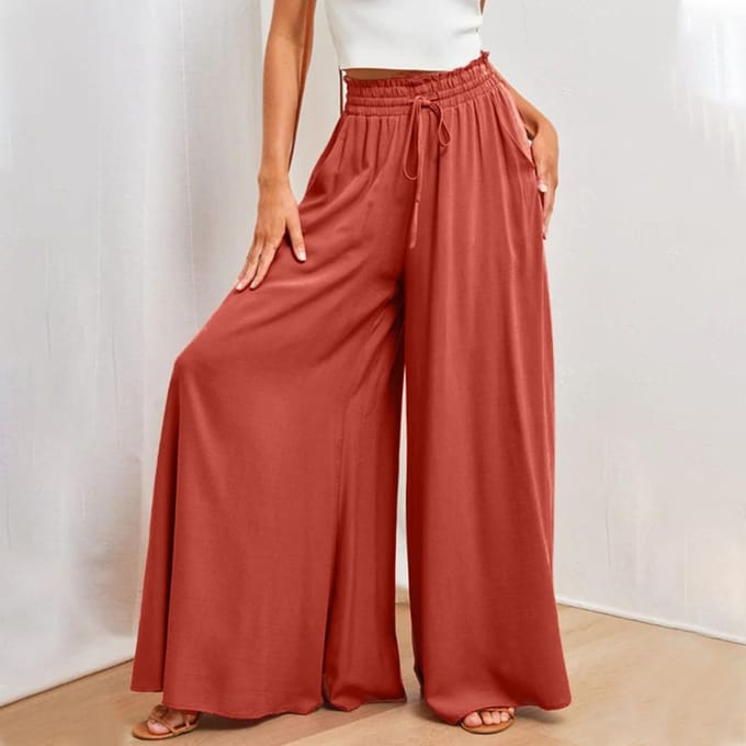 Pantalon de couleur unie pour femmes, ceinture élastique, jambes larges, taille haute, jupe-culotte longue S orange