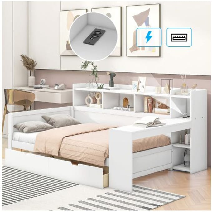 Slaapbank - MUVOE - 90 x 200 cm - Wit - USB-poort - 2 opberglades wit