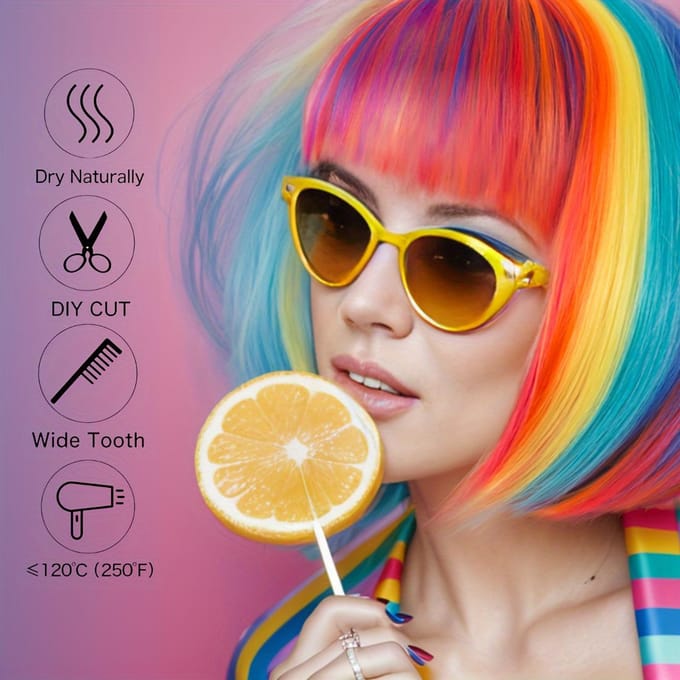 Perruque synthétique courte et lisse multicolore arc-en-ciel avec frange pour femmes et filles multicolore