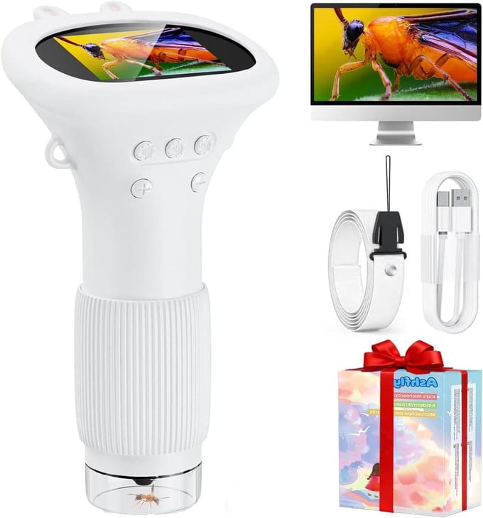 Microscoop voor kinderen, 1000x zakmicroscoop met 2,0 inch IPS-scherm, USB-microscoop, vergrootglas, 8 ledlampjes, aansluiting op pc, mini-kindermicroscoop voor Pasen, speelgoed, wit