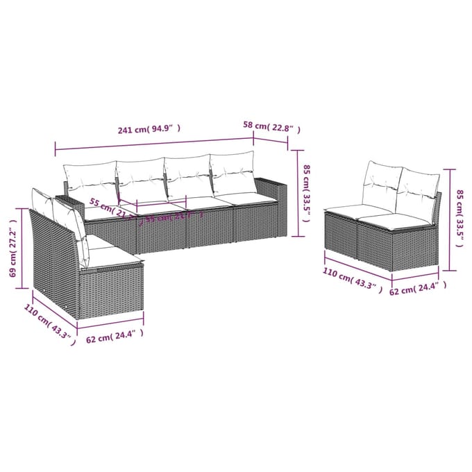 vidaXL - 8-delige - Loungeset - met - kussens - poly - rattan - grijs