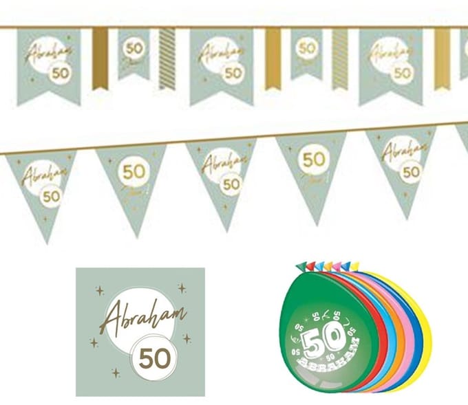 Feest pakket Abraham groen goud S - versiering - Abraham 2023 4 delig.