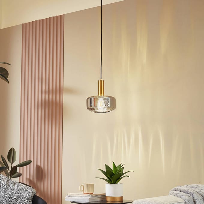 Lindby - hanglamp - 1licht - Glas, ijzer - H: 11.8 cm - E27 - rookgrijs, messing