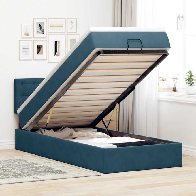vidaXL - Ottoman - bed - met - matras - en - LED's - 90x190cm - fluweel - donkerblauw