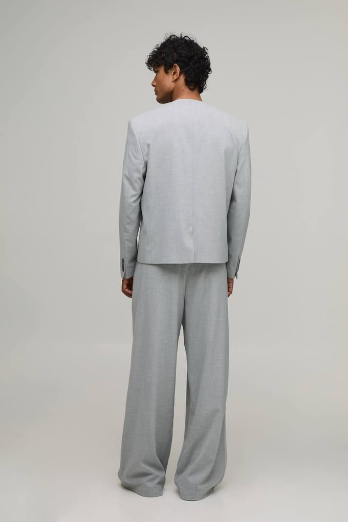 Oversized Boxy Colbertjasje Zonder Kraag Met Gesp Detail | Grey | Size 42