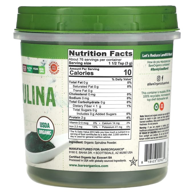 BareOrganics, Biologisch Spirulinapoeder, 227 gram (227 gr)