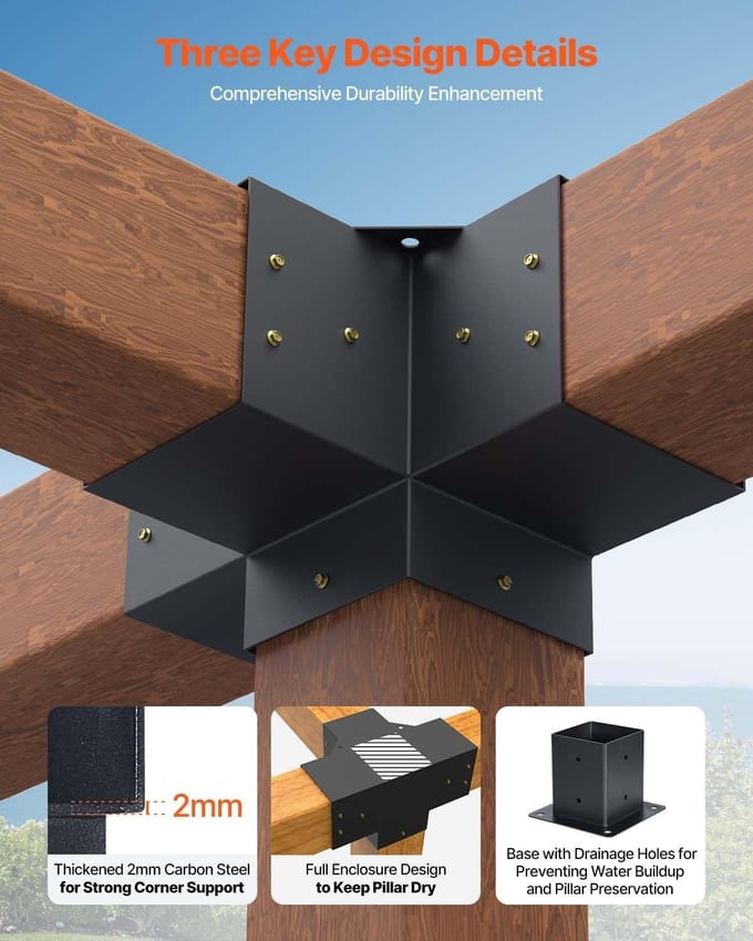 Kit de Support de Pergola, 4x4 Pouces (Taille intérieure 92 x 92 mm), 2 Pièces Support d'Angle Robuste à 4 Voies Menuiserie Bricolage Kit de Base pour Poteau, Installation Facile Bois