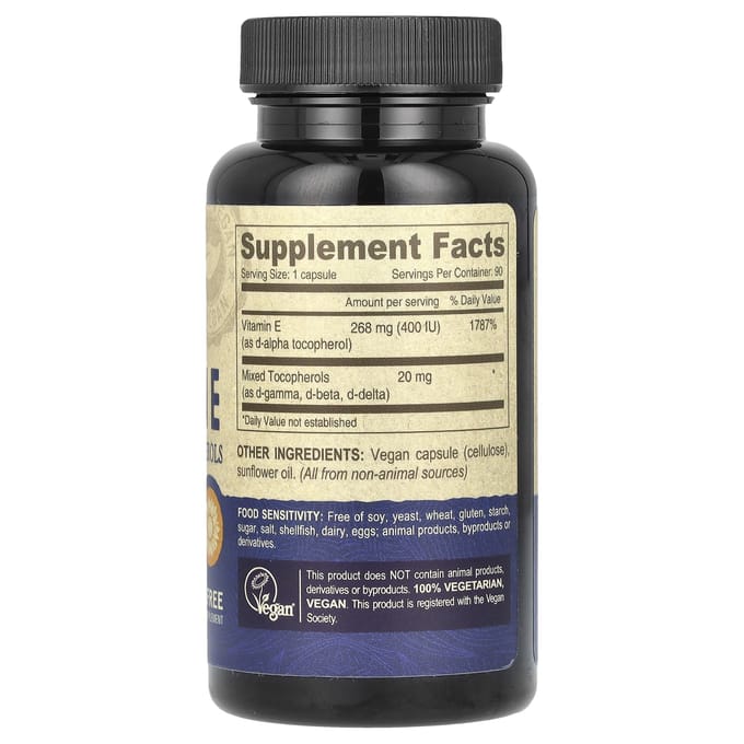 Deva, Vitamine E Végane, Contient des Tocophérols Mixtes, 400 UI, 90 Gélules Végétales
