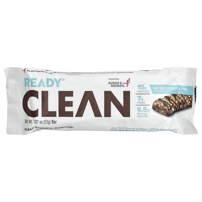 Barre protéinée Ready, Clean, chocolat noir, noix de coco et amandes, 12 barres, 50 g (53 g) Chaque