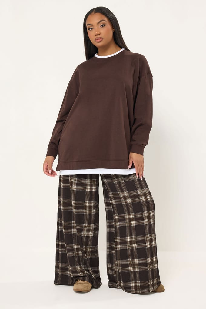 Yours Chocoladebruine Geruite Broek Met Wijde Pijpen Size 44