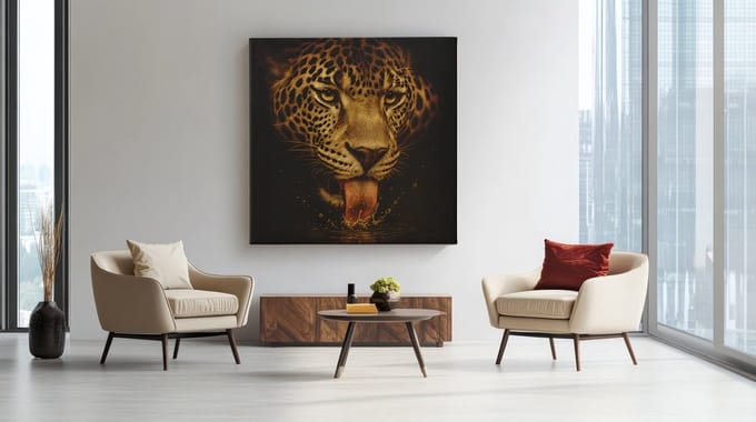 Vierkant Canvas Schilderij - Dieren - Luipaard drinkt water - 100x100x2 cm