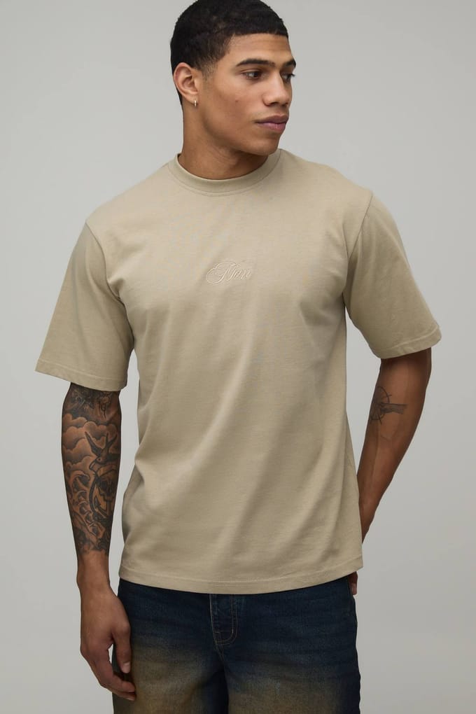 Regular Fit Heren T-shirt Met Geborduurd Script | Stone | Size XS