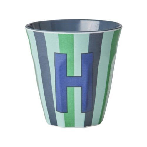 Rice melamine beker medium gestreept letter h, blauw