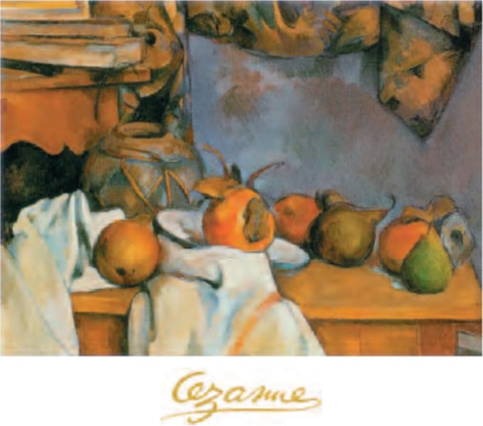 Mini kunstposter - Paul Cezanne - Vaas met stro en bord fruit - 24x30 cm
