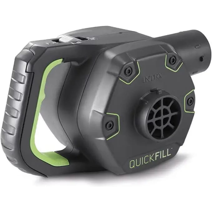 Intex Quickfill 66642, Oplaadbare Elektrische Opblaaspomp 12V/230V, Draadloos, Opblazen en Leegzuigen, Met 3 Opzetstukken en Adapters, Groen