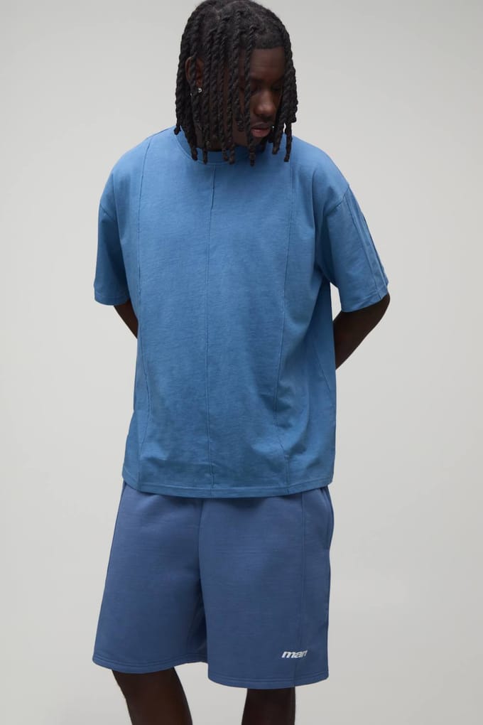 Heren Sport Naaddetail Oversized T-shirt & Baggy Short Set | Slate Blue | Size Medium